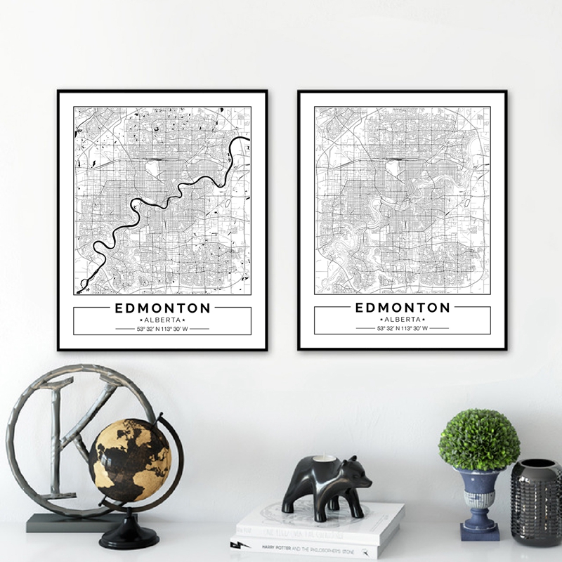 Home Decor Canada - Edmonton alberta mapa preto branco canvas